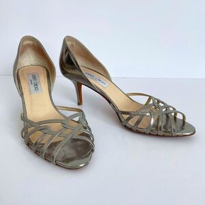 JIMMY CHOO PEWTER SILVER SANDALS KITTEN HEELS OPEN TOE METALLIC VINTAGE FORMAL